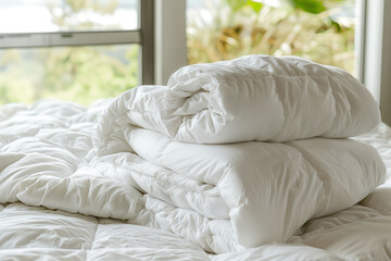Fototapeta na wymiar Fluffy White Duvet and Pillows