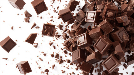 Chocolate cubes spilled on white background, ai generative
