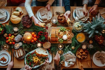 A diverse group of individuals gathered around a table, enjoying a meal together, A gathering of family members for a holiday dinner with a table full of festive foods, AI Generated - obrazy, fototapety, plakaty
