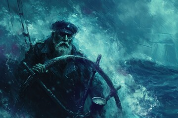 This serene painting depicts a man peacefully navigating the waters on a boat, A ghostly sea captain standing at the wheel of a phantom ship lost in stormy seas, AI Generated