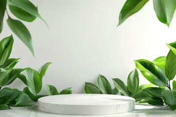 Luxurious white podium, green leaves waving, for product display presentation