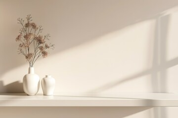 Minimalist empty shelf display with cream walls, for product display presentation