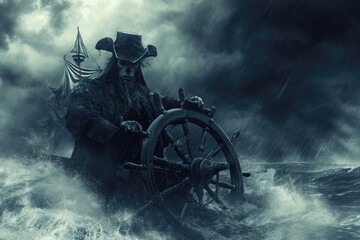 A brave pirate confronts treacherous waves, navigating his ship through a frightful storm at sea, A...