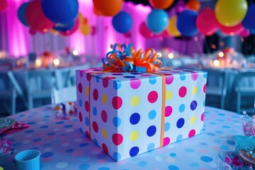 A photo capturing a beautifully wrapped gift box elegantly placed on top of a sturdy table, A giant gift box with polka dot wrapping placed in the center of a birthday party, AI Generated