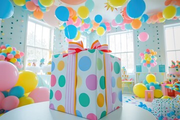 Gift Box on Table Surrounded by Balloons, Happy Celebration With Presents, A giant gift box with polka dot wrapping placed in the center of a birthday party, AI Generated