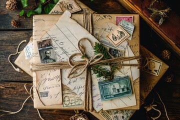 A photo featuring a bunch of old envelopes that have been neatly tied together with twine, A gift box covered in handwritten letters and vintage stamps, AI Generated - obrazy, fototapety, plakaty