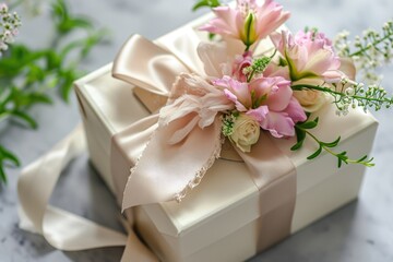 White Gift Box With Pink Flowers - Elegant Present for Any Occasion, A gift box embellished with fresh flowers and satin ribbon, AI Generated