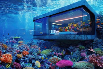 A room surrounded by vibrant coral and marine life, submerged in the middle of an ocean reef, A glass underwater hotel with all the colourful marine life around, AI Generated