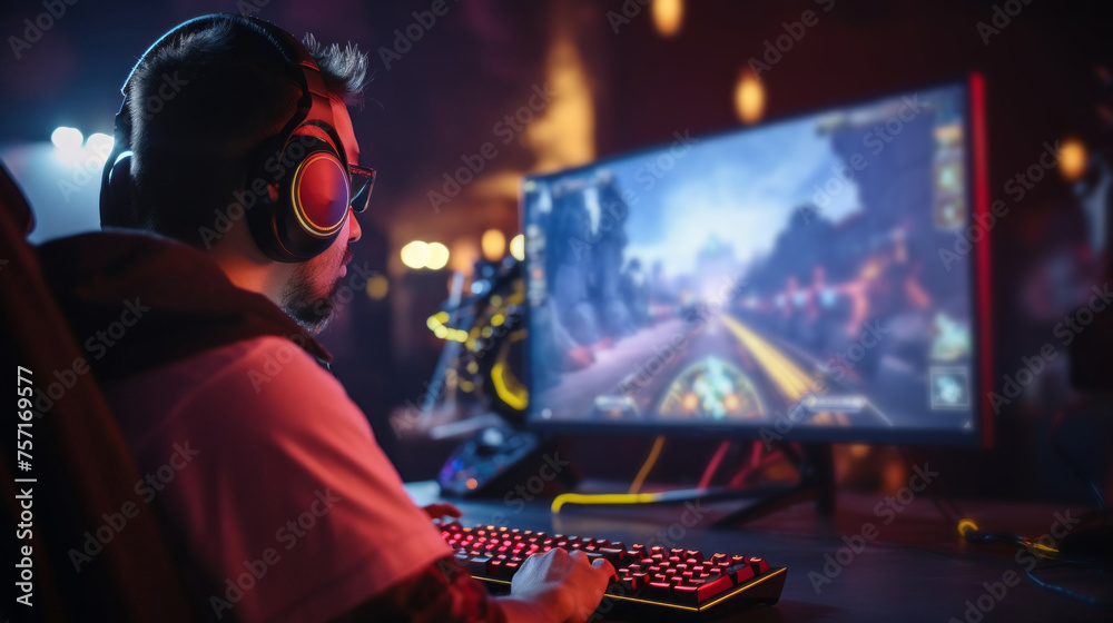 Poster side view of a young streamer gamer, a man with headphones playing video games on a computer under r