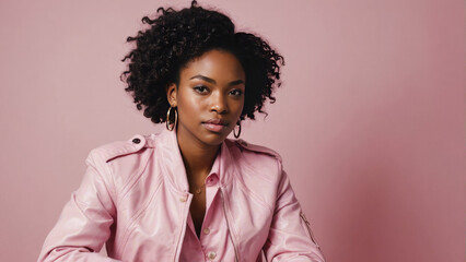 Fototapeta na wymiar Portrait of an African American female model dressed in trendy clothes in pink colors. Stylish image of a modern woman. The image of everyday urban clothing.