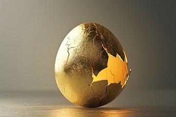 Discover the hidden treasure - a golden egg, revealed with its cracked shell, A golden egg cracking open to reveal inflation inside, AI Generated - obrazy, fototapety, plakaty