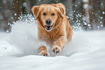 A dog runs energetically through a snowy forest, A golden retriever joyfully bounding through a fresh layer of snow, AI Generated