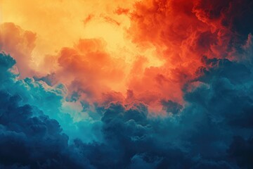 Vivid Sky Bursting With Numerous Clouds of Various Colors, A gradient transition from midnight blue to fiery orange, infused with the representation of dreamy clouds, AI Generated - obrazy, fototapety, plakaty