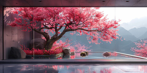 modern architecture with cherry blossom trees
