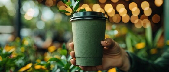 The concept of recycled packaging. Close-up of a hand holding paper coffee cup.