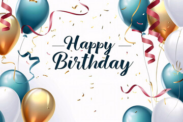 Happy birthday for you with balloons, birthday party balloons, balloons and confetti card background mockup, balloons with ribbon, silver and gold balloons