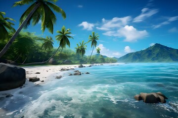 Tropical Paradise: A paradise beach with palm trees, crystal-clear water, and white sand, inviting viewers to escape to a tropical dream.

