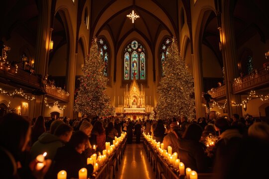 A stunning image of a church filled with numerous lit candles creating a warm and soothing atmosphere, A grand Christmas church scene with people holding lit candles, AI Generated
