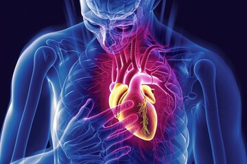 A person with a heart inside their chest, visualizing the human anatomy and the importance of cardiovascular health, A graphic illustration of a heart attack, AI Generated - obrazy, fototapety, plakaty