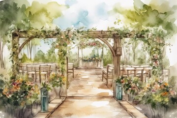 Obraz premium Watercolor Painting of Wedding Ceremony in Celestial Gardens