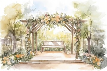 Watercolor Garden Painting with Bench and Arbor for Weddings
