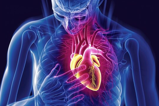 A person with a heart inside their chest, visualizing the human anatomy and the importance of cardiovascular health, A graphic illustration of a heart attack, AI Generated