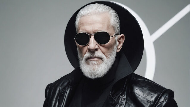 A high-fashion photo featuring a stylish old male model in black outfit avant-garde futuristic design. - Powered by Adobe