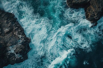 Aerial View of Ocean and Rocks, Majestic Natural Beauty in Shades of Blue, A gripping aerial spectacle of a stormy sea clashing with a rocky shore, AI Generated