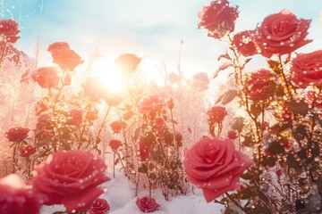 Romantic Snowy Red Rose Field with Sun Flare and Crystal Flowers
