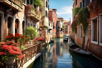 Fototapeta na wymiar Venetian Canal Reflections: Classic Venetian canals with reflections of historic buildings, conveying the timeless charm of Venice.