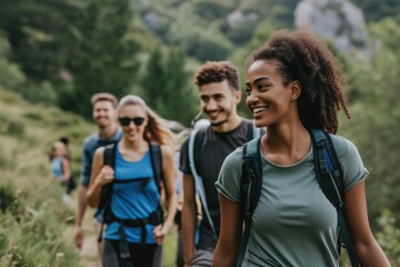 A diverse group of individuals passionately hike together through the picturesque woods, A group of coworkers participating in a wellness walk, AI Generated