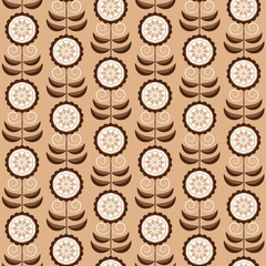 Brown and white regular graphic design with abstract flower,..Floral as seamless pattern. Abstract background for textile design, Simple regular graphic design with abstract flowers.