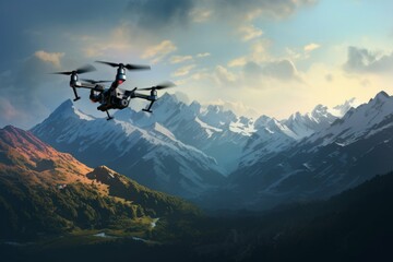 Fototapeta na wymiar Drone capturing aerial footage of a mountain range.