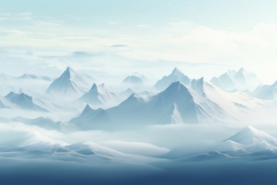 Abstract mountain range with snow-capped peaks and misty valleys