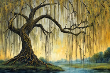 weeping willow tree by a river - obrazy, fototapety, plakaty