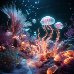 AI-generated underwater world with neon-colored sea creatures and plants