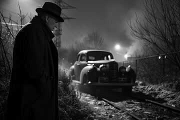 A man in a coat and hat, Detective Andrewz, stands next to a car at a crime scene. Generative AI