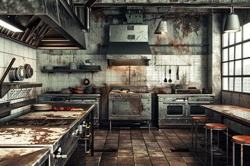 A photo capturing a neglected, dirty kitchen with ample counter space and cluttered surfaces, A grungy, industrial style empty restaurant kitchen with metallic surfaces, AI Generated
