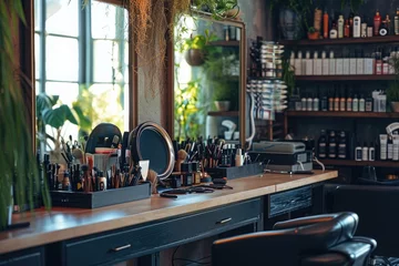 Gordijnen Bottles on Counter With Mirror, Organized and Reflective Space, A hairdresser's workstation with mirror and hairstyling tools, AI Generated © Iftikhar alam