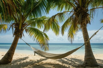 Fototapeta na wymiar A serene and peaceful setting on a beach, with a hammock suspended between two tall palm trees, A hammock strung between two palm trees on a deserted island, AI Generated