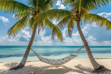 Experience pure bliss as you rest on a hammock suspended between two palm trees on a beautiful beach, A hammock strung between two palm trees on a deserted island, AI Generated
