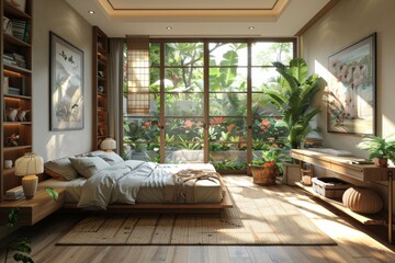 Modern cozy bedroom with garden view, indoor plants