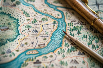 A map featuring a pen atop, providing a versatile tool for mapping, marking locations, and tracing routes, A hand-drawn map showing top fishing spots in a local river, AI Generated