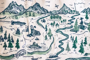 Washable wall murals Mountains This picturesque drawing depicts a serene landscape featuring majestic mountains and towering trees, A hand-drawn map showing top fishing spots in a local river, AI Generated
