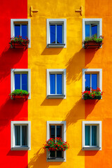 Building with colorful windows that have flower boxes on them.