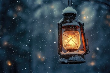 A lantern hanging from a wire adds a cozy and enchanting glow to the snowy surroundings, A handheld lantern trying to pierce the gloom of a snowstorm, AI Generated