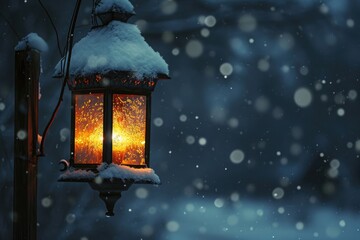 A solitary street light covered in snow casts a warm glow on a sidewalk blanketed in white, A...