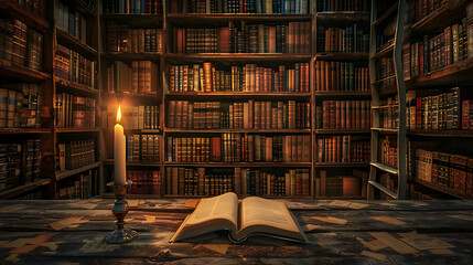 A digital rendering of an ancient library illuminated by soft candlelight, with dusty tomes lining weathered shelves, evoking a sense of nostalgia and wonder - obrazy, fototapety, plakaty