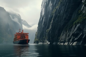 Cargo ship in fjord surrounded by steep cliffs - obrazy, fototapety, plakaty
