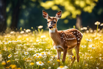 Young deer stands in field of wildflowers and grass looking at the camera.